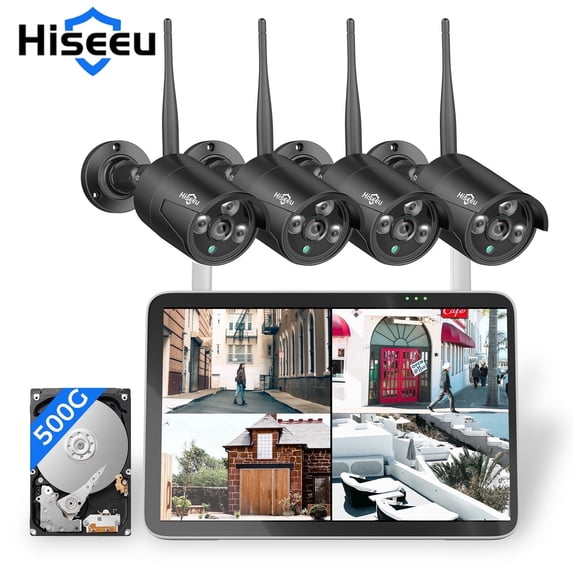 Hiseeu Outdoor Security Camera System with 10'' Monitor, 500G Hard Drive, 10CH NVR, 4Pcs Wireless 2.4/5G Wi-Fi 5MP Camera, 24/7 Recording,1-Way Audio, Night Vision