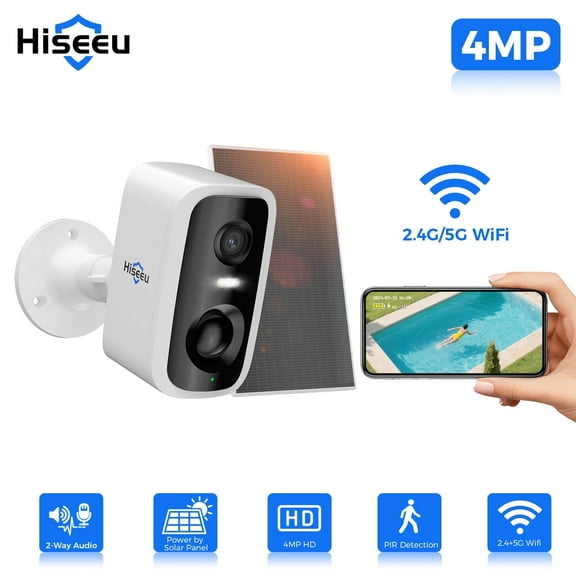 Hiseeu Security Camera Wireless Outdoor, 4MP Recharge Battery Powered WiFi Camera with Solar Panel, Motion Detection, Color Night Vision, 2-Way-Audio, 2.4G/5G Dual Band WiFi
