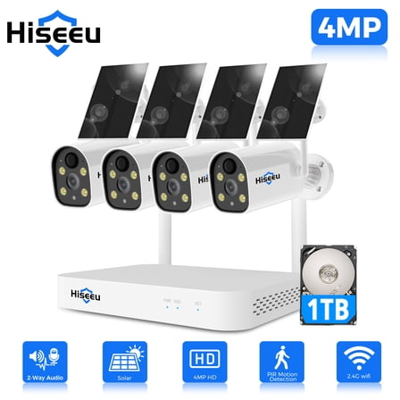 (Open Box) Hiseeu Solar Battery Powered Wireless Security Camera System, 4MP HD, Spotlight, 100% Wire-Free Kits, Color Night Vision, 2-Way Audio, PIR, Motion Record
