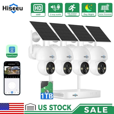 Hiseeu Solar Wireless WIFI Security Camera System, 4PCS 4MP PTZ WiFi Battery Powered Cameras Outdoor, 10CH Expandable NVR With 1TB HDD