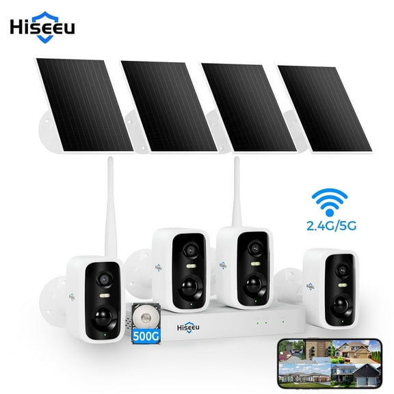 Hiseeu Solar Wireless Wifi Outdoor Security Cameras, 2K/4MP Home Security System, 4 Camera Kit with 2-Way Audio, Solar Powered, Spotlight, Night Vision, No Monthly Fee, 500GB Local Storage