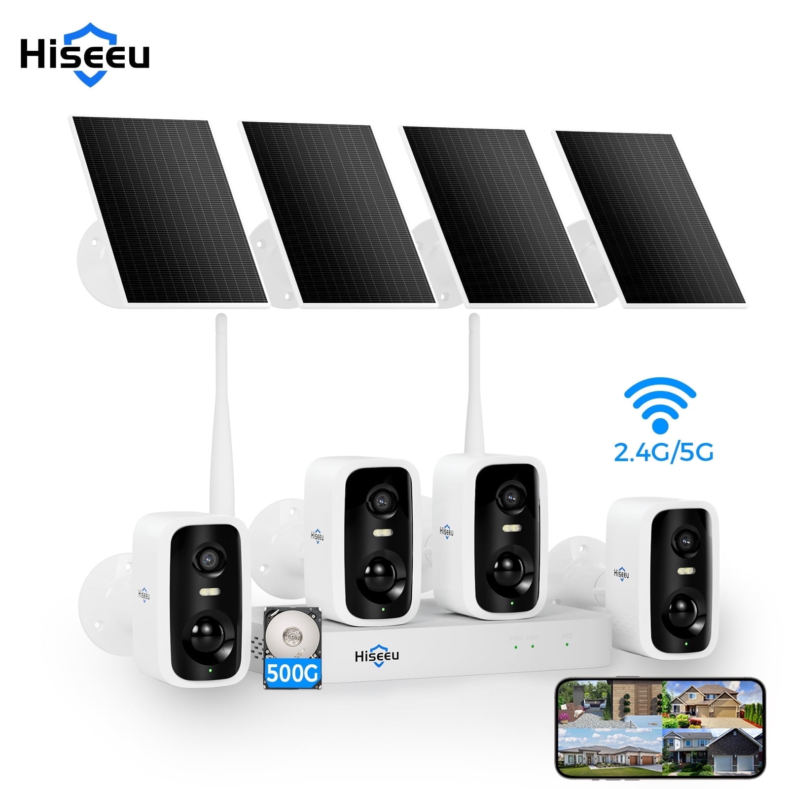 Hiseeu Solar Wireless Wifi Outdoor Security Cameras, 2K/4MP Home Security System, 4 Camera Kit with 2-Way Audio, Solar Powered, Spotlight, Night Vision, No Monthly Fee, 500GB Local Storage