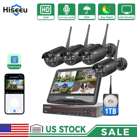Hiseeu WiFi Outdoor Security Camera System with 10" Monitor WiFi Home Surveillance System Support 2.4G Wifi