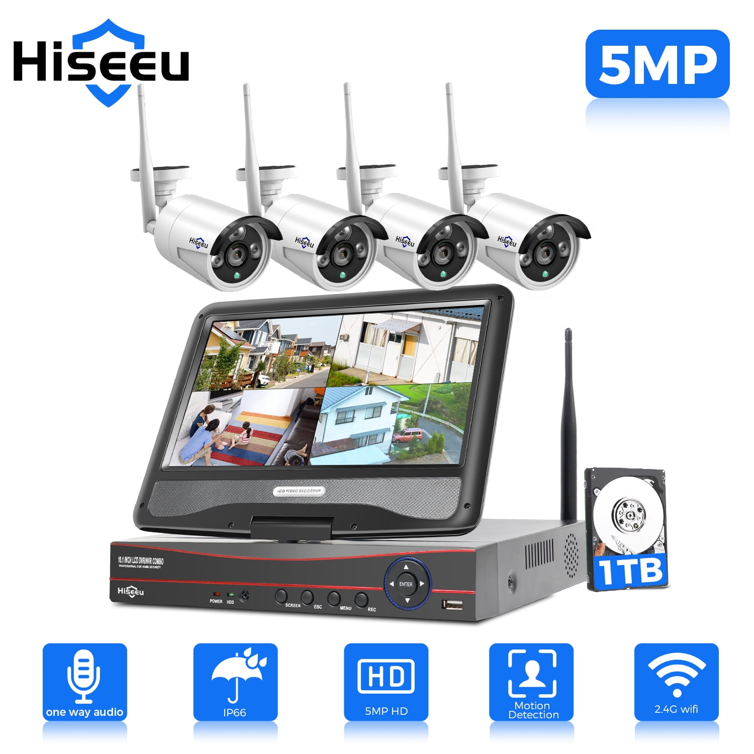 Hiseeu WiFi Security Camera System with 10.1" LCD Monitor, Bullet Surveillance Camera , 5MP Outdoor Wifi Cameras, One Way Audio, Night Vision, 1TB for Home Business 24/7 Recording