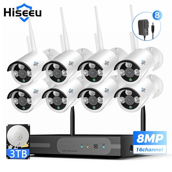 Hiseeu Wireless Security Camera System,16CH Expandable 4K NVR,8Pcs 8MP Outdoor Cameras,2-Way Audio,Human Detection,IP66 Waterproof,3TB HDD 24/7 Record,2.4/5G WiFi