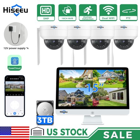 Hiseeu Wireless Security Camera System with 15" Monitor,4pcs 5MP Dome 2.4G&5G WiFi Outdoor PTZ Camera,Auto Tracking,3TB HDD,16CH Expandable