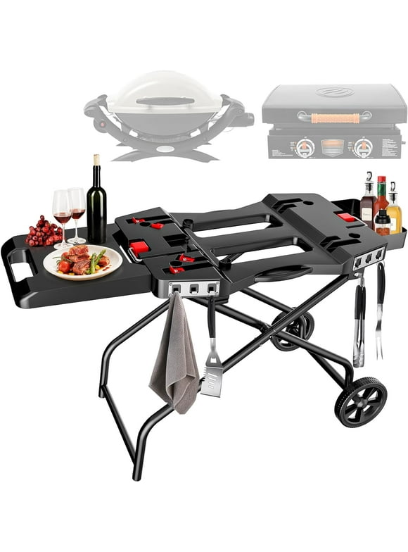 Hisencn Portable Grill Cart with Wheel for Weber Q1200, Q1000, Q2200, Q2000 Series, for Blackstone 17" 22" Table Top Griddles, Folding Cart, Outdoor Griddle Stand Shelf, Black