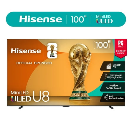 Hisense 100" Class U8 Series Mini-LED ULED 4K UHD Google Smart TV (100U8QG, 2025 Model) - QLED, Native 165Hz, Game Mode Ultra 288 VRR, Dolby Vision IQ, Dolby Atmos, Up to 5000 Nits, IMAX Enhanced