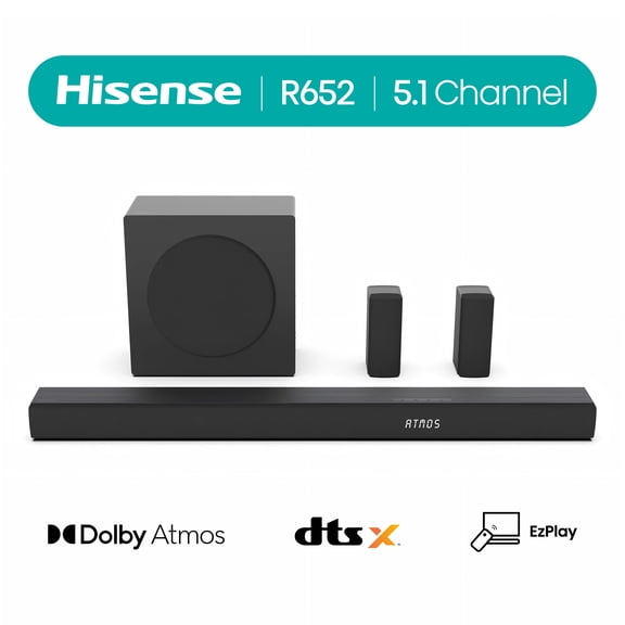 Hisense R652 5.1 440W output, Rear Surround Speakers, 6.5” Wireless Subwoofer Soundbar, Dolby Atmos and DTS Virtual X, Easy Connect