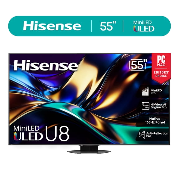 Hisense 55" Class U8 Series Mini-LED ULED 4K UHD Google Smart TV (55U8QG, 2025 Model) - QLED, Native 165Hz, Game Mode Ultra 288 VRR,Dolby Vision IQ, Dobly Atmos, Up to 5000 Nits, IMAX Enhanced