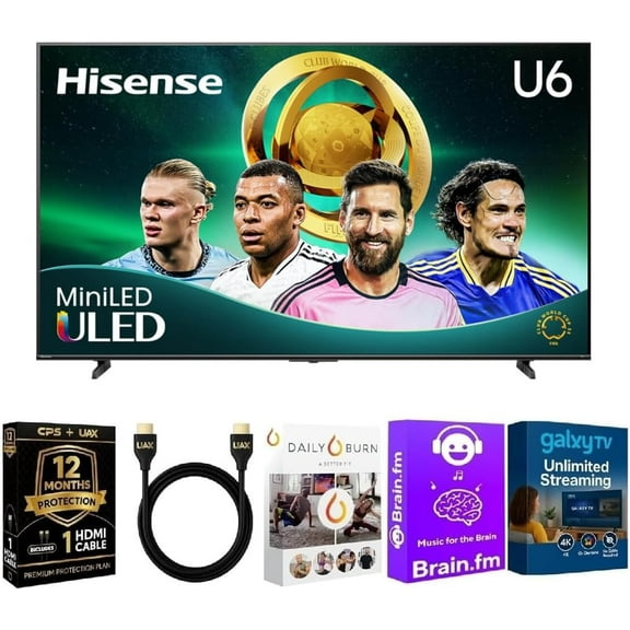 Hisense 55 Inch Class U6 Series 4K Mini-LED QLED UHD Smart Fire TV with HDMI Cable, STREAMBUN1 Streaming Bundle & 12 Month CPS Protection