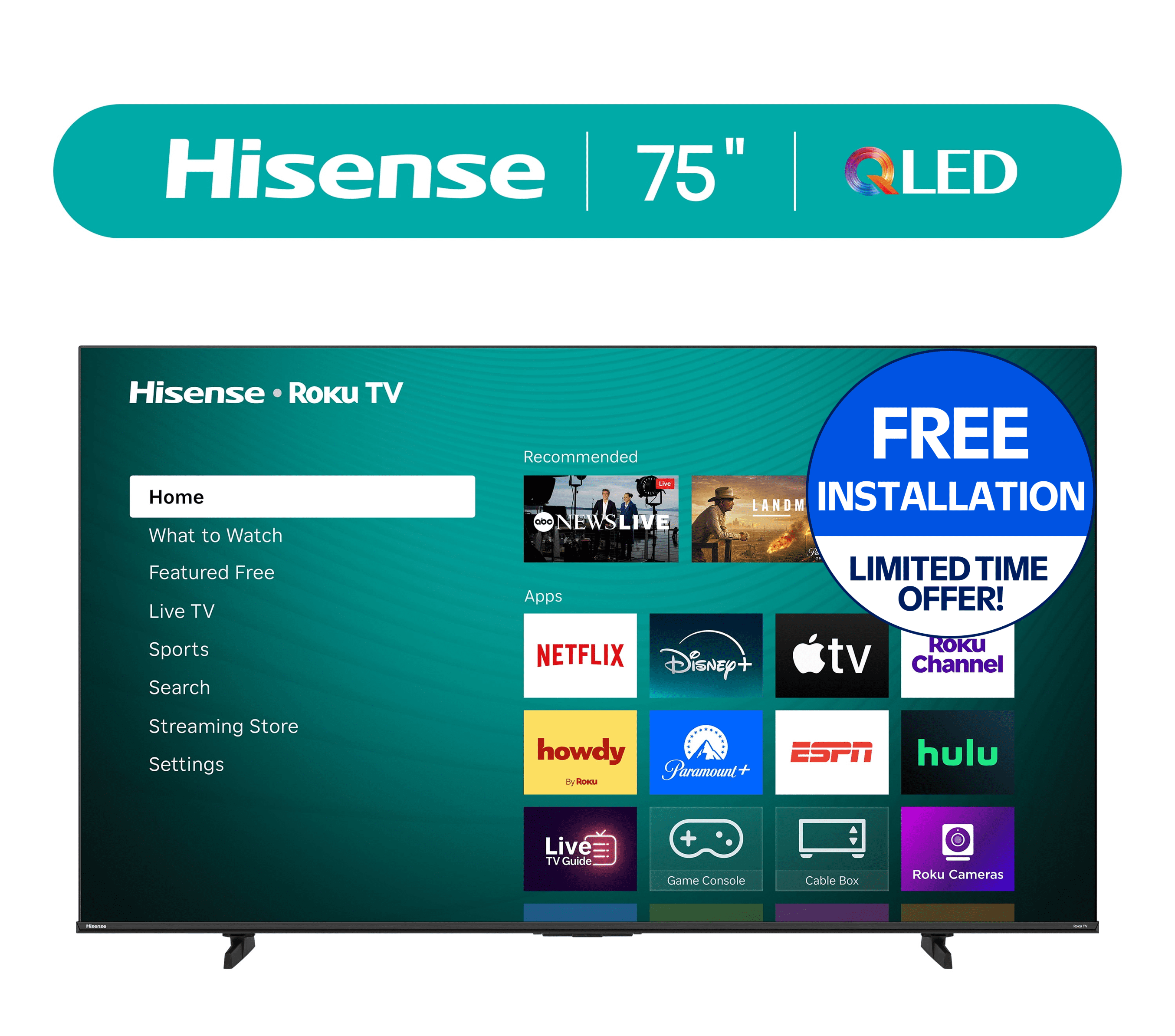 Hisense 75" Class H5 Series QLED 4K UHD Roku Smart TV (75H5QBR, 2025 Model) - QLED, Dolby Vision, HDR10, AI Sports Mode, Game Mode Plus, Google Assistant