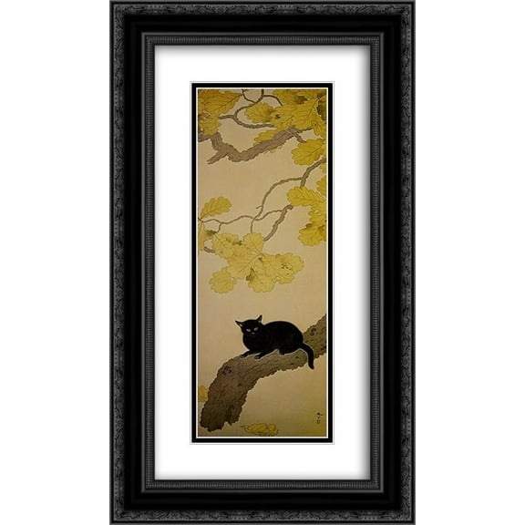 Hishida Shunso 2x Matted 14x24 Black Ornate Framed Art Print 'Black Cat (Kuroki Neko)'
