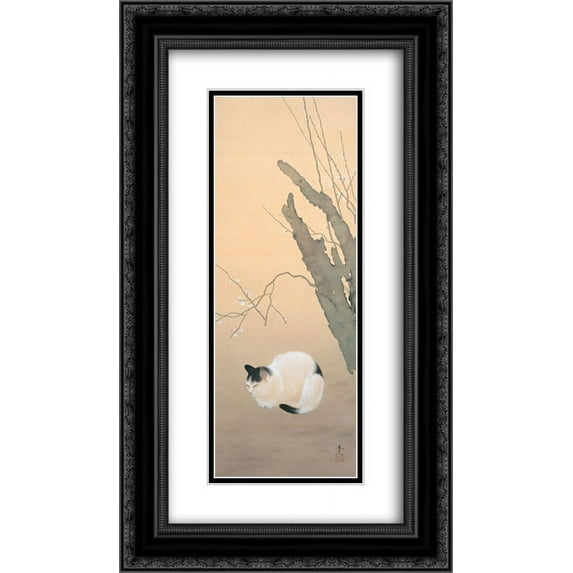 Hishida Shunso 2x Matted 14x24 Black Ornate Framed Art Print 'Cat and Plum Blossoms'
