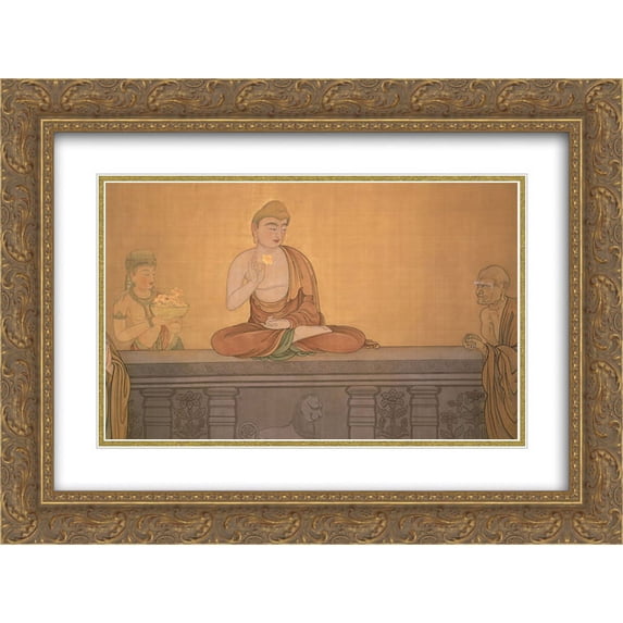 Hishida Shunso 2x Matted 24x18 Gold Ornate Framed Art Print 'Mahakasyapa smiling at the lotus flower'