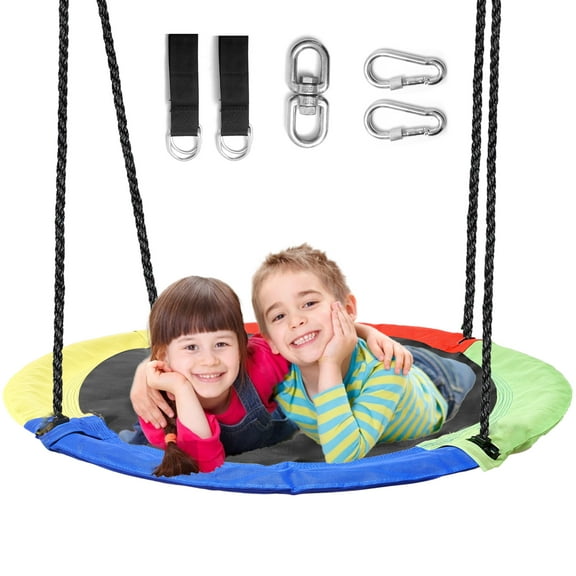 Hishine 43" 700LBS Saucer Tree Swing for Kids, Waterproof Flying Saucer Swing with A Swivel, Hanging Straps, Adjustable Ropes, Round Mat Spinner Swing for indoor/playground swing set,Rainbow