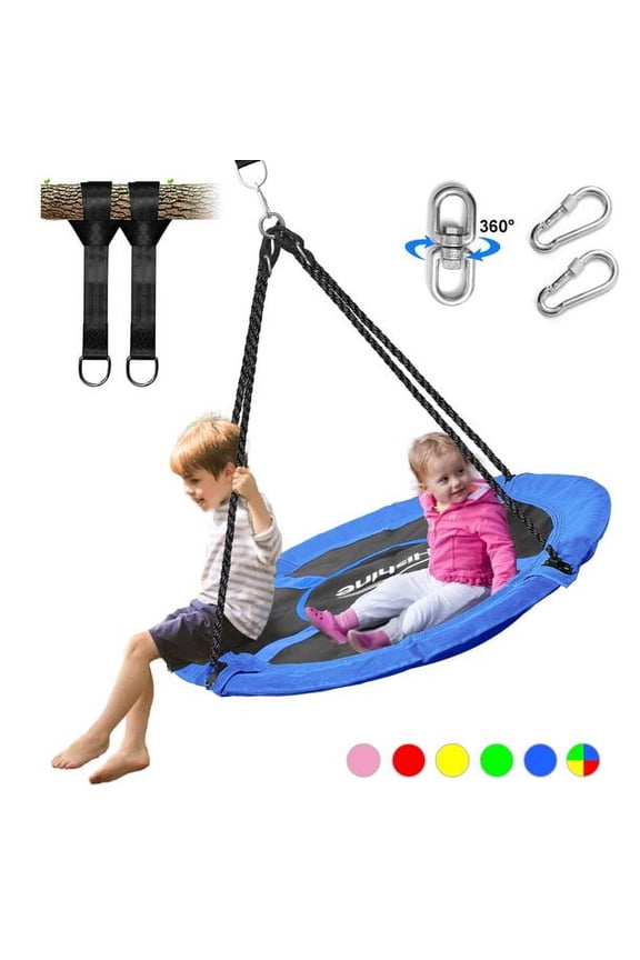 43" 700LBS Saucer Tree Swing for Kids, Waterproof Flying Saucer Swing with A Swivel, Hanging Straps, Adjustable Ropes, Round Mat Spinner Swing for indoor/playground swing set, Blue