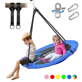Hishine 43" 700LBS Saucer Tree Swing for Kids, Waterproof Flying Saucer Swing with A Swivel, Hanging Straps, Adjustable Ropes, Round Mat Spinner Swing for indoor/playground swing set, Blue