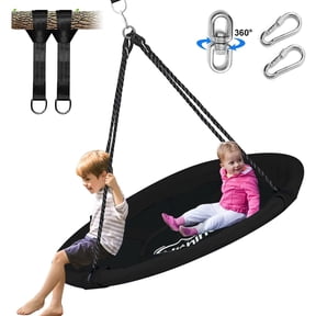 Hishine 43" 700LBS Saucer Tree Swing for Kids, Waterproof Flying Saucer Swing with A Swivel, Hanging Straps, Adjustable Ropes, Round Mat Spinner Swing for indoor/playground swing set, Black