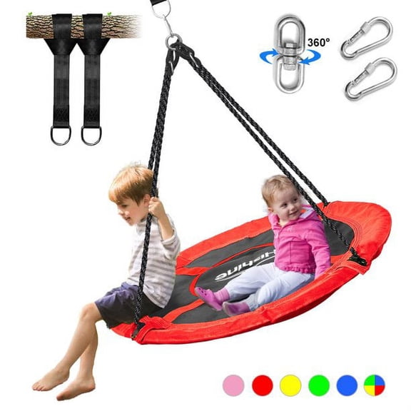Hishine 43" 700LBS Saucer Tree Swing for Kids, Waterproof Flying Saucer Swing with A Swivel, Hanging Straps, Adjustable Ropes, Round Mat Spinner Swing for indoor/playground swing set, Red