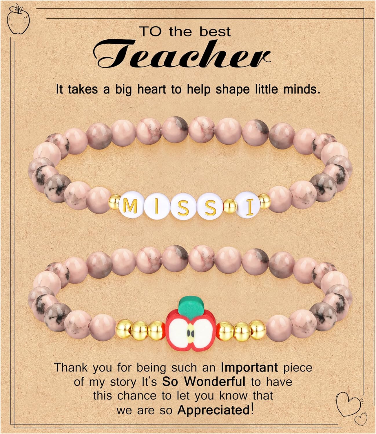 18-Piece Teacher Appreciation Bracelet Set - Elastic Clay Bracelets With TEACH Letters & Apple Charms