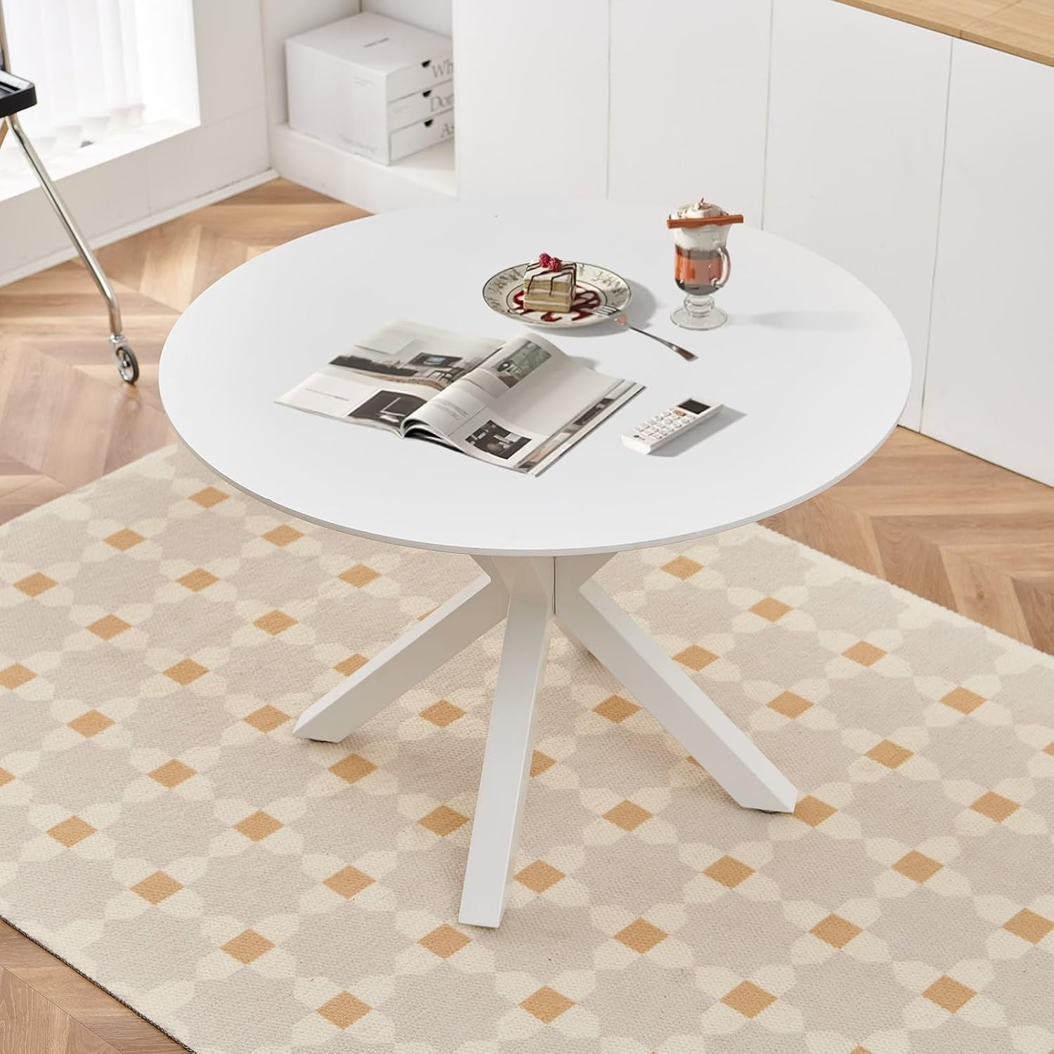 Hison 42 inch White Wood Round Dining Table Modern Kitchen Table for 4-6 Persons 0.7 Thickness ...