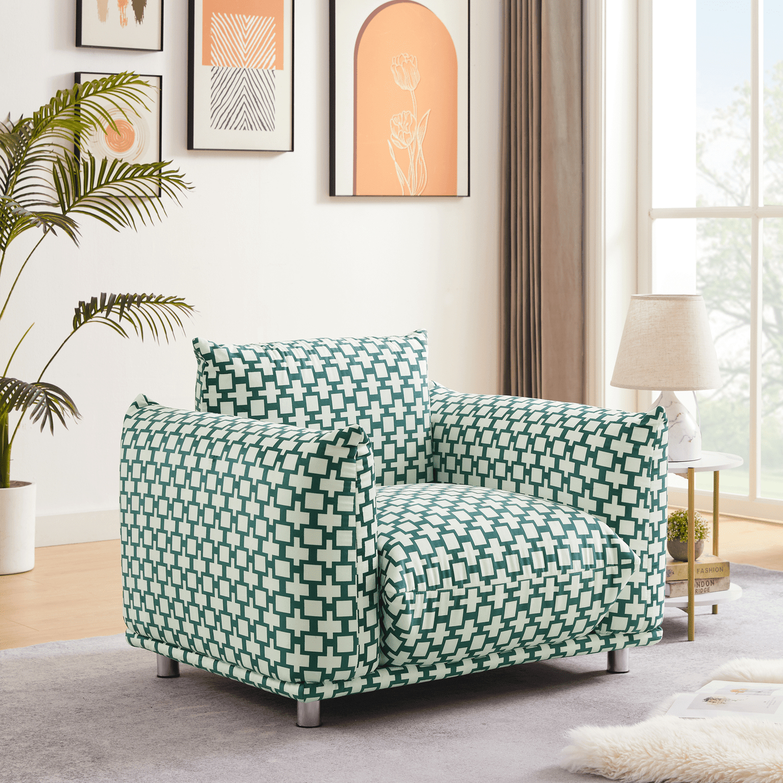 Hison Comfy Oversized Armchair Chair for Living Room Plaid Green