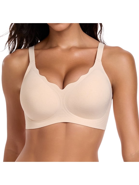 Women Seamless Jelly Bras No Underwire Supportive Wireless Push Up Full Coverage Bralette Comfy Scalloped T-Shirt Bra