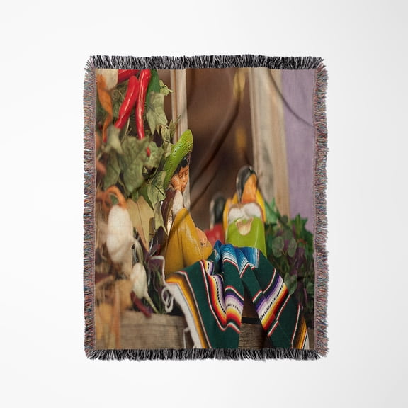 Hispanic Boy And Girl Ceramic Hanging On A Mirror With Hot Chilis And Leaves At Mexican Restaurant, Woven Blanket