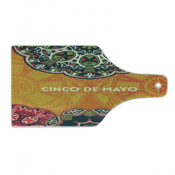Hispanic Cutting Board, Themed Illustration with Folkloric Motifs of Cinco de Mayo Image, Decorative Tempered Glass Cutting and Serving Board, in 3 Sizes, by Ambesonne