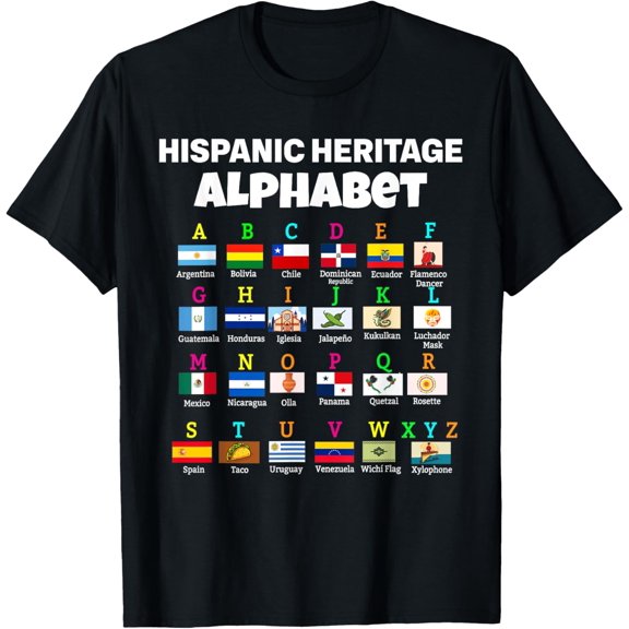 Hispanic Flag Alphabet For Teachers Educational Latin Flags T-ShirtMen and women, Black T-shirt, size: Extra large