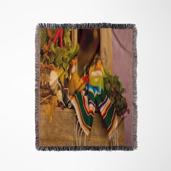 Hispanic Girl And Boy Ceramic Hanging On A Mirror With Hot Chilis And Leaves At Mexican Restaurant, Woven Blanket