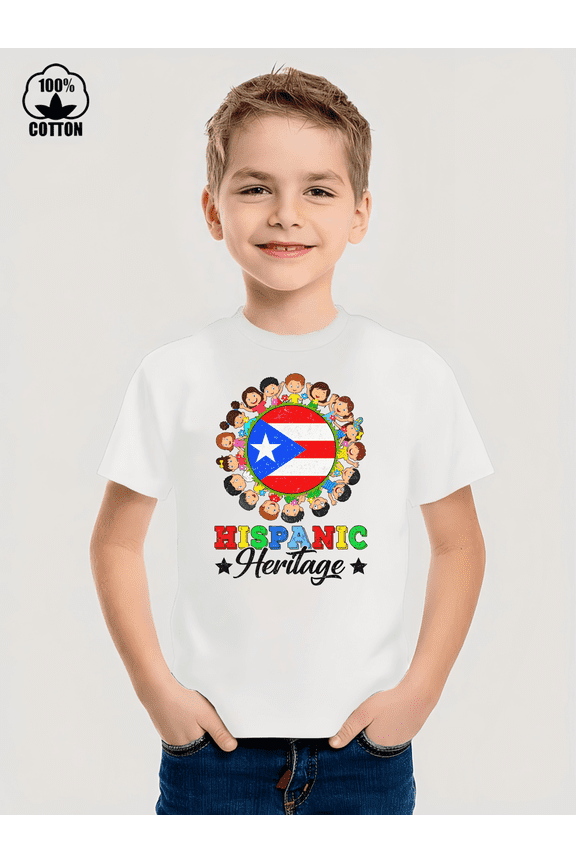 Hispanic Heitage Month Puerto Rican Flag Iron-On Graphic Tees With 100% Cotton Fabric,Suitable for Boys And Girls,Size From 3T-13Y,Ideal Gift for Kids