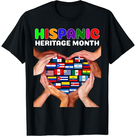 Hispanic Heritage Month All Countries Heart Hands T-Shirt Black Large