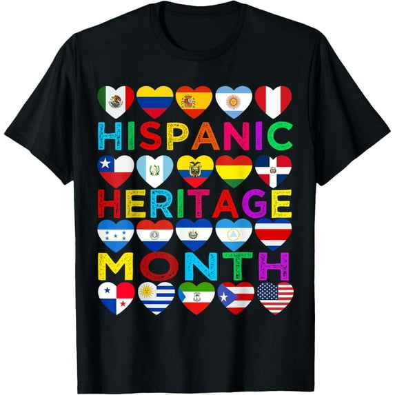 Hispanic Heritage Month National Latino Countries Flags T-ShirtMen and women, Black T-shirt, size: Extra large