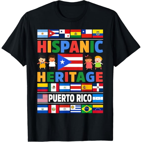 Hispanic Heritage Month Puerto Rico Flag Latino Flag T-ShirtMen and women, Black T-shirt, size: Extra large