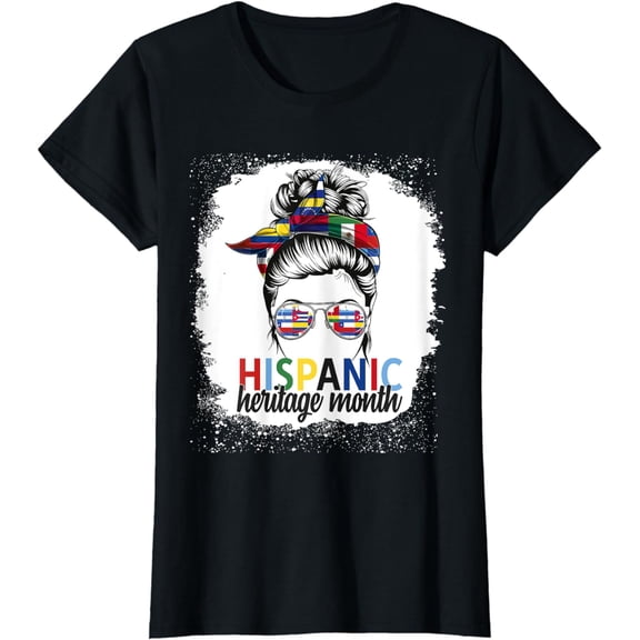 Hispanic Heritage Month all Countries Flags women messy bun T-Shirt