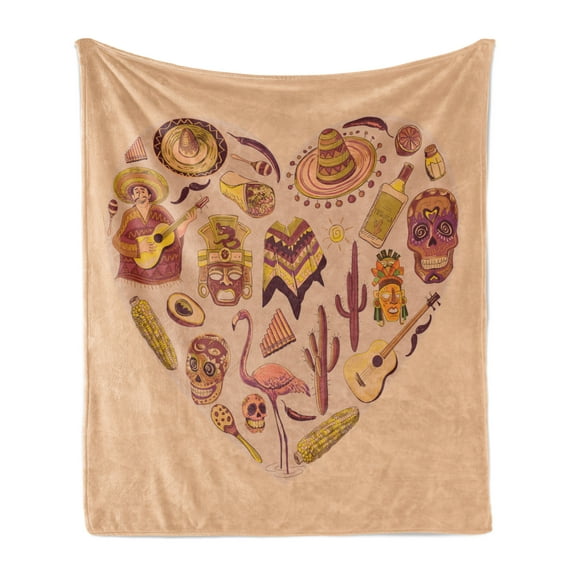 Hispanic Soft Flannel Fleece Throw Blanket, Latin American Themed Folkloric Cartoonish Items as Heart Shape Print, Cozy Plush for Indoor and Outdoor Use, 50" x 70", Peach and Multicolor, by Ambesonne