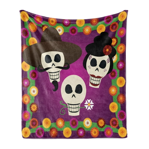 Hispanic Soft Flannel Fleece Throw Blanket, Traditional Sugar Skulls with Mexican Folk Items and Flowers Cartoon, Cozy Plush for Indoor and Outdoor Use, 50" x 60", Multicolor, by Ambesonne