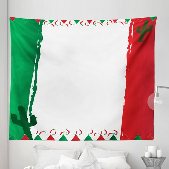 Hispanic Tapestry, Mexican Themed Graphic in Flag Colors Cactus and Pepper, Fabric Wall Hanging Decor for Bedroom Living Room Dorm, 5 Sizes, Dark Pink Hunter Green, by Ambesonne
