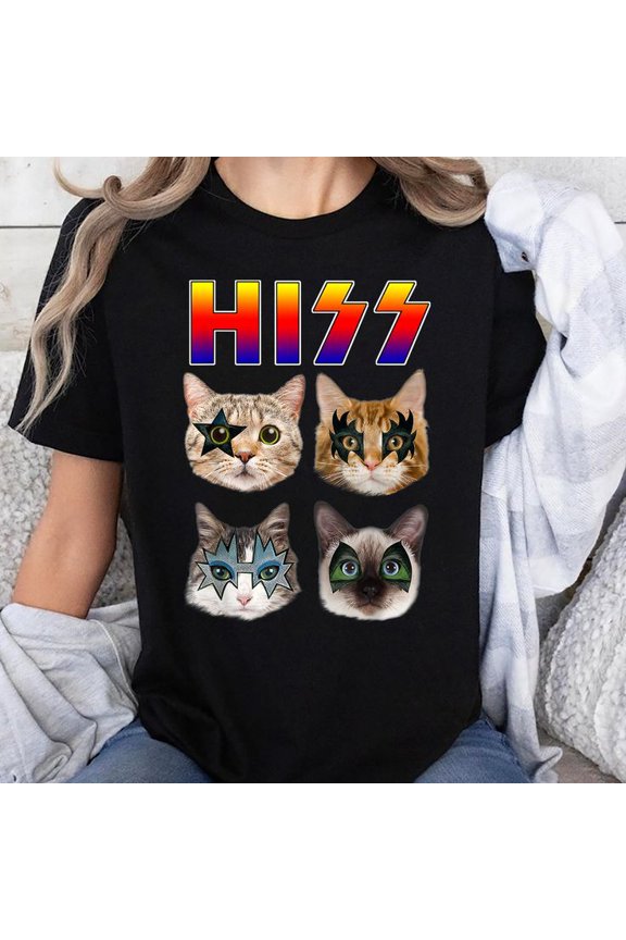 Hiss Funny Cats Kittens Rock Rockin Short Sleeve Unisex T-Shirt, Sizes S-5XL - Gategoo
