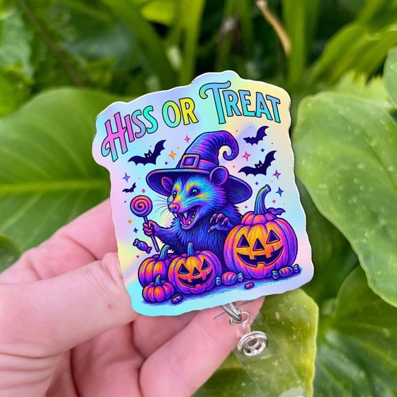 Hiss or Treat Opossum Halloween Badge Reel Spooky Cute Holographic ID Holder with Pumpkins and Witch Hat, Halloween Gift for Coworkers
