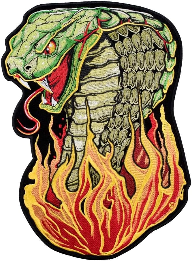 Hissing In Flames Cobra Head Patch, Snake Back Patches