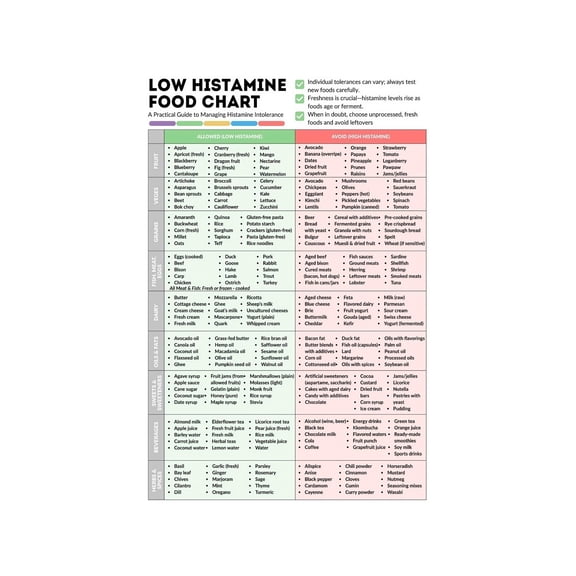 Histamine Intolerance Food List Poster Low Histamine Diet Chart Nutrition Guide Dietary Food Reference Gut Health Kitchen Cooking Print