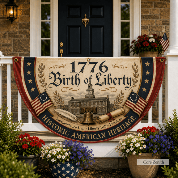 Historic 1776 Semicircle Banner Flag, Patriotic Independence Hall Porch Decor