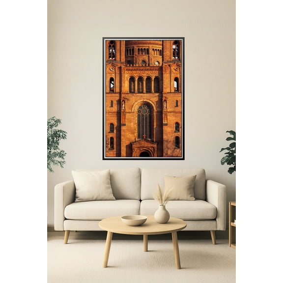 Historic Brick Church Facade Wall Art – Architectural Photography Print Featuring Neo-Romanesque Details and Sunset Light 【Rolled Canvas】