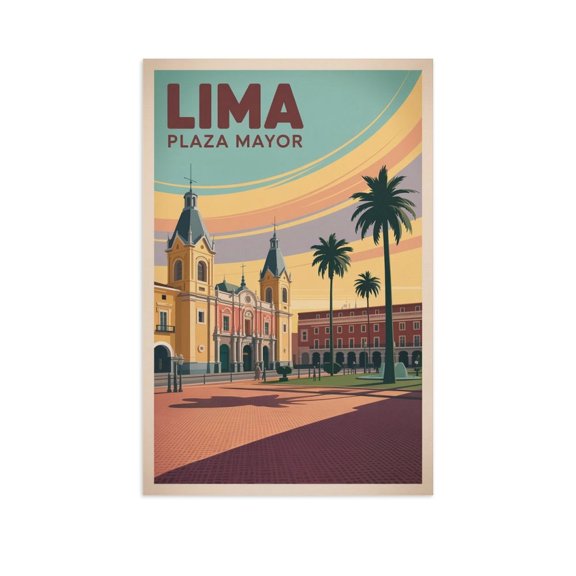 Historic Central Square Wall Art Plaza Mayor Peru Retro Travel Poster Lima Colonial Architecture Print Poster