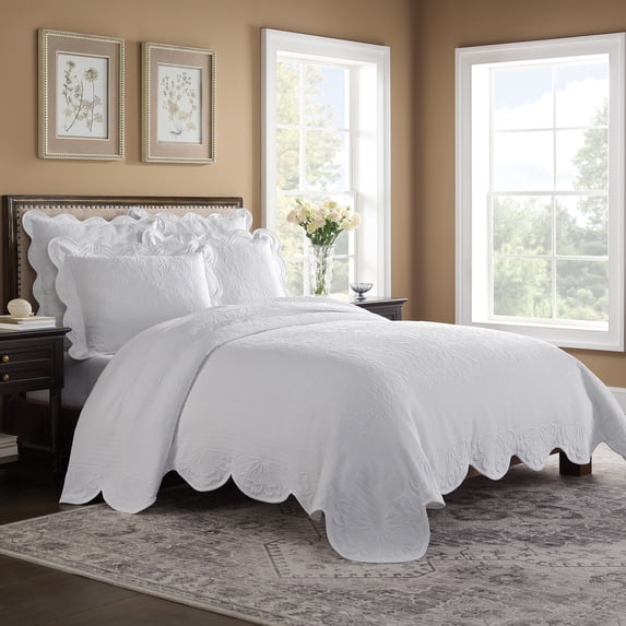 Historic Charleston Decorative Pillow Covers 100% Cotton White Scalloped 20 in x 26 in Embossed Floral Design