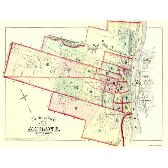 Historic City Map - Albany New York Outline and Index - Hopkins 1876 - 30 x 23 - Vintage Wall Art