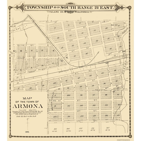 Historic City Map - Armona California - Thompson 1892 - 23 x 25.56 - Vintage Wall Art